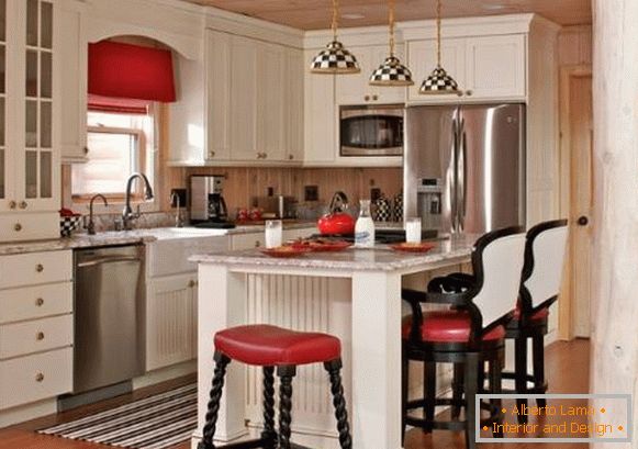 Světlý kuchyňský interiér ve venkovském stylu - fotografie v černé a bílé a červené barvě