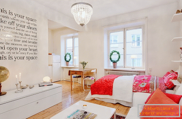 Ložnice a obývací pokoj ve skandinávském stylu
