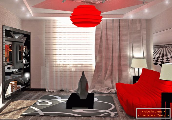 Lustr ve stylu high-tech jasných šarlatových barevných odrazů s náležitě vybraným nábytkem.