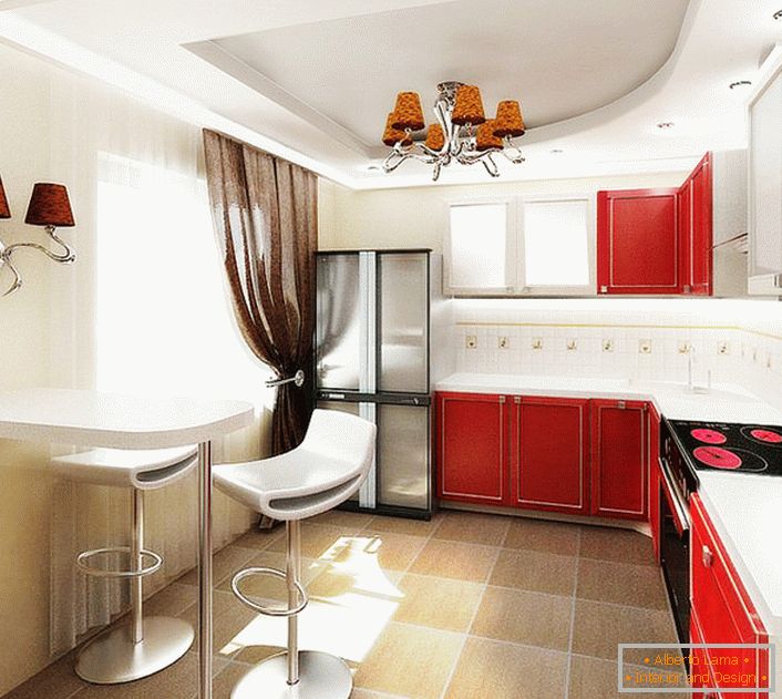 Designový projekt kuchyně v obyčejném bytě v Moskvě. Kontrast kombinace barev, funkční nábytek, nezaťažený nábytkem, lakonické osvětlení - indexy dokonalého stylu majitele bytu.