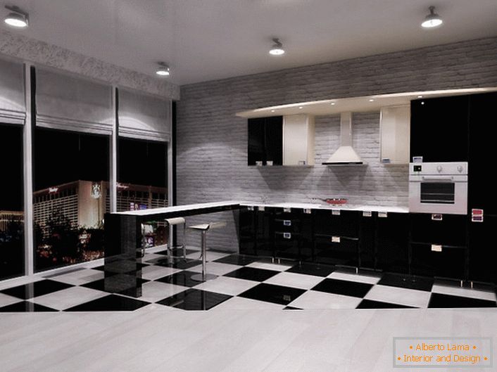 Kuchyně ve stylu minimalismu ve studiovém apartmánu s panoramatickými okny je vynikající volbou pro lidi, kteří mají rádi prostor a svobodu jednání.