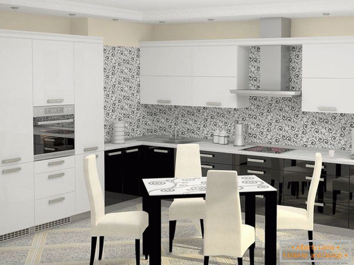 Bílá a černá kuchyně v high-tech stylu se zabudovanými spotřebiči vypadá organicky v celkové koncepci návrhového nápadu. 