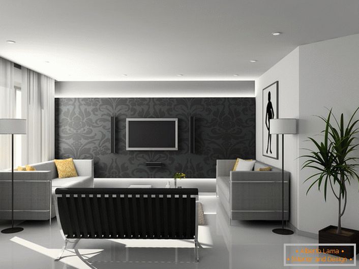 V designu pokojů v hi-tech stylu se používají převážně přísné geometrické tvary a odstíny šedé.