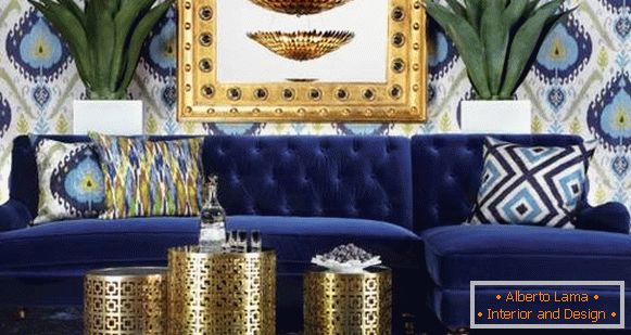 Modrá módní tapeta s obrazem - fotografie ve vnitřku obývacího pokoje