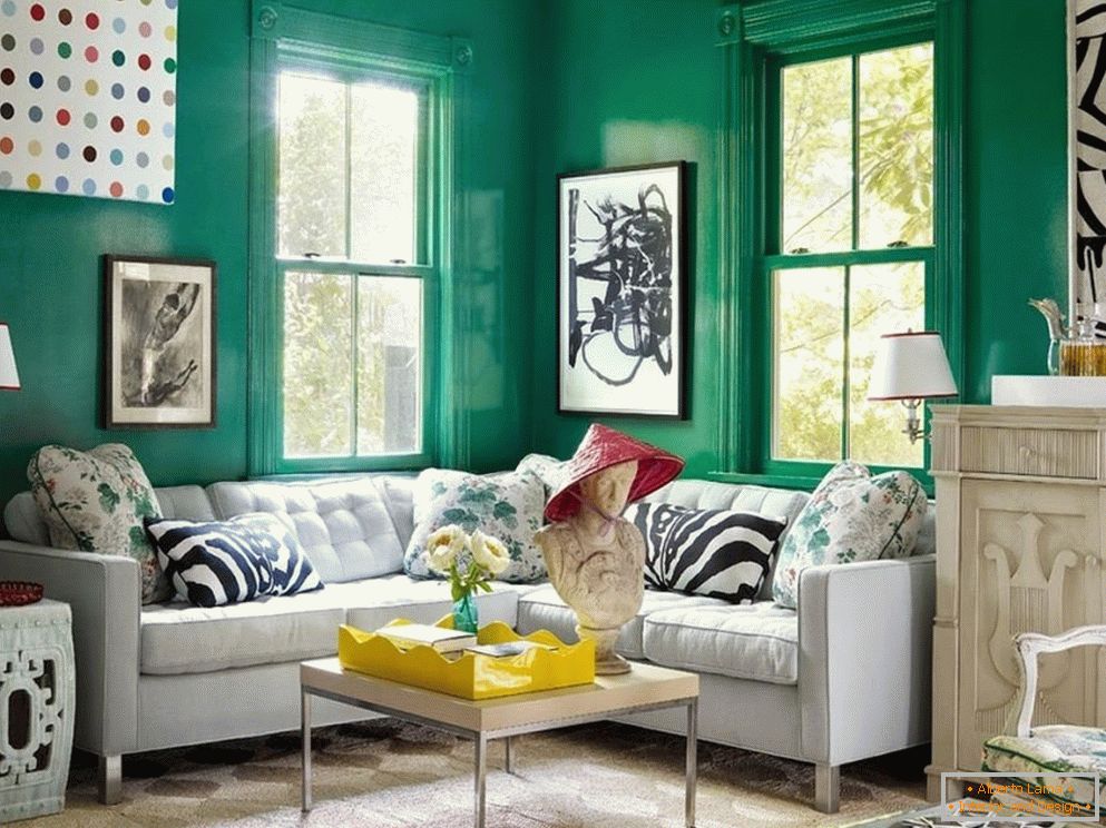 Ornament, vzory, geometrické tvary v kombinaci s barvou máty v interiéru