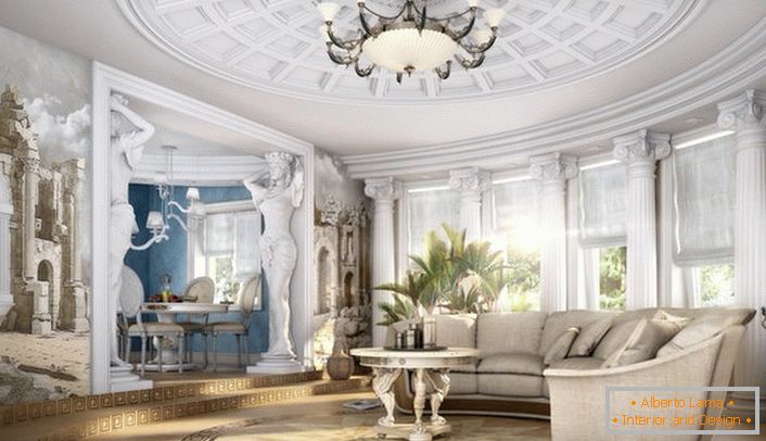 Prostorný neoklasicistní obývací pokoj s náležitým výběrem nábytku. Nenápadné klasiky v moderním provedení.