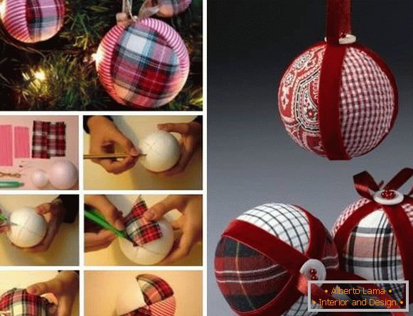 Stylový ruční výrobek - vánoční koule vyrobená z látky a stuh
