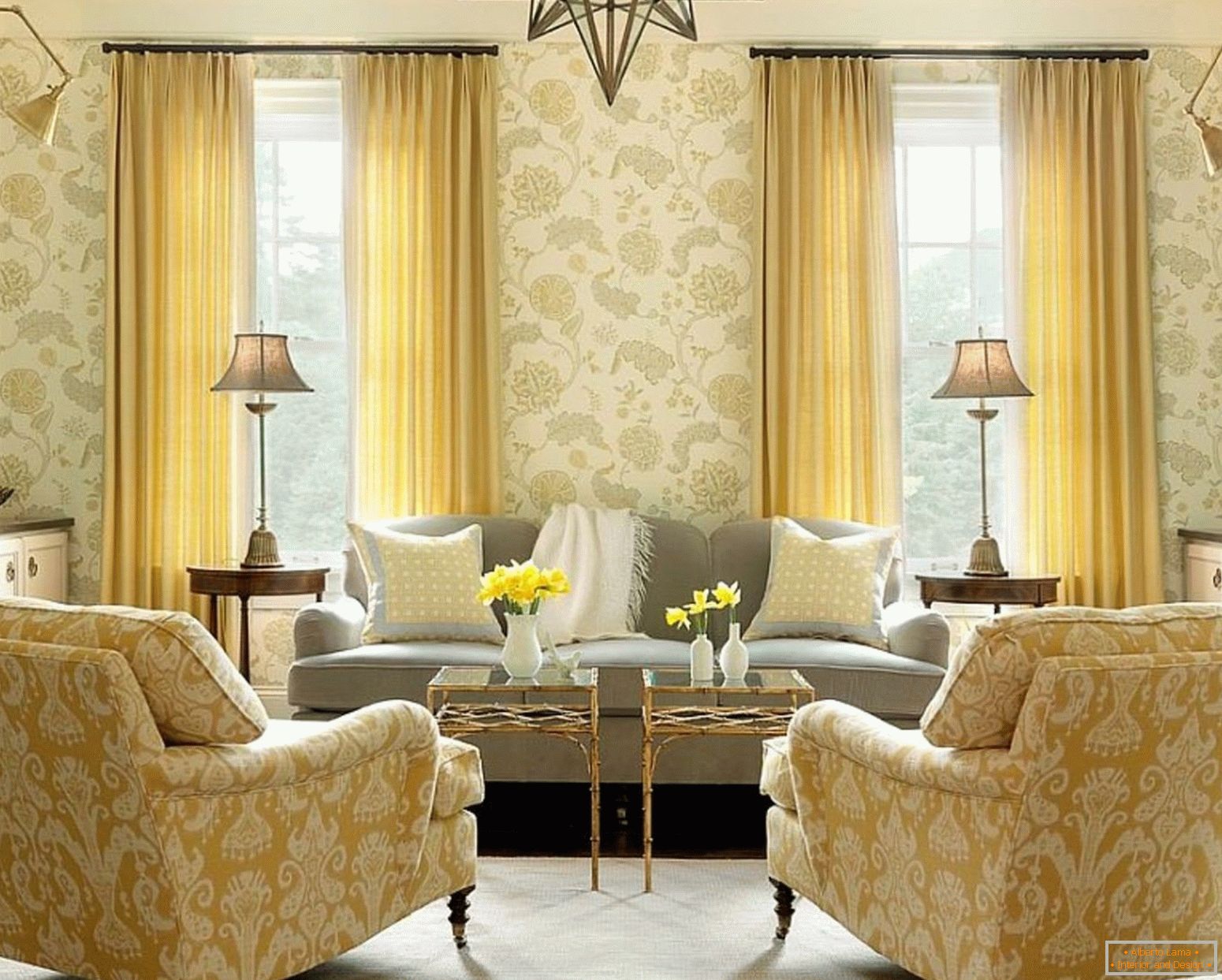 Kombinace tapety a nábytku v obývacím pokoji