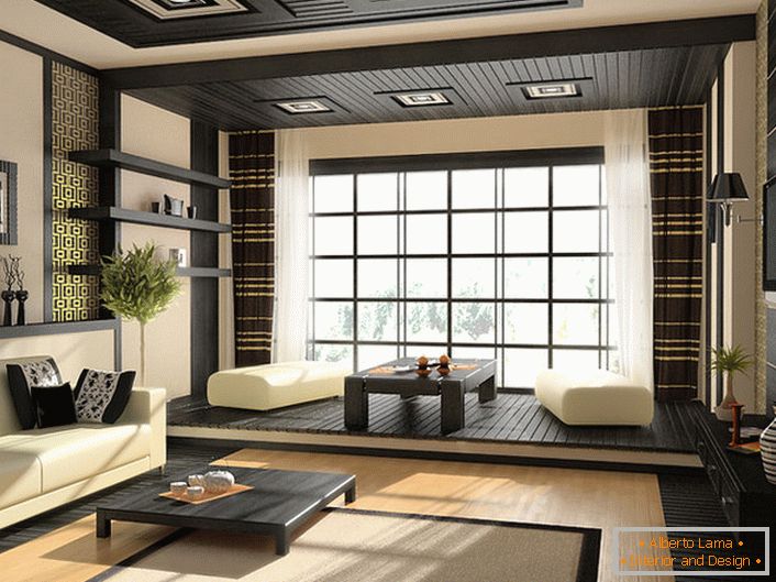 Laconismus, jednoduchost, charakteristické barvy a výzdoba japonského stylu v interiéru obývacího pokoje.