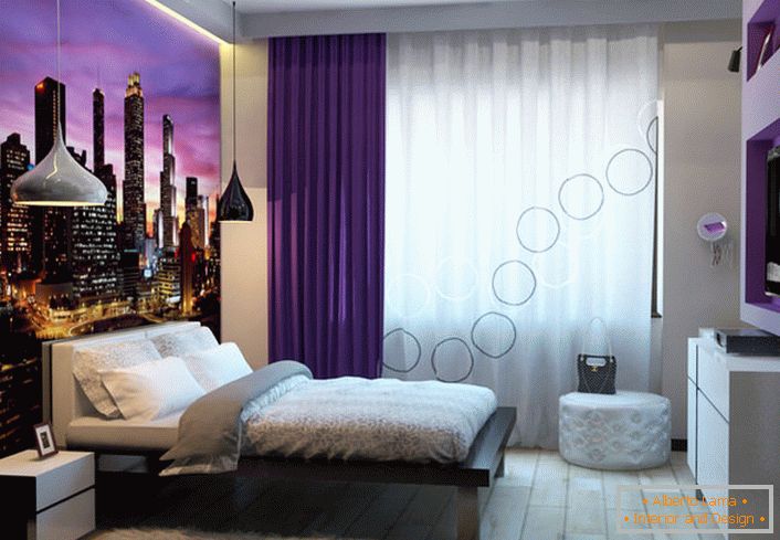 Moderní interiér ložnice je pohodlný, praktický a útulný. 