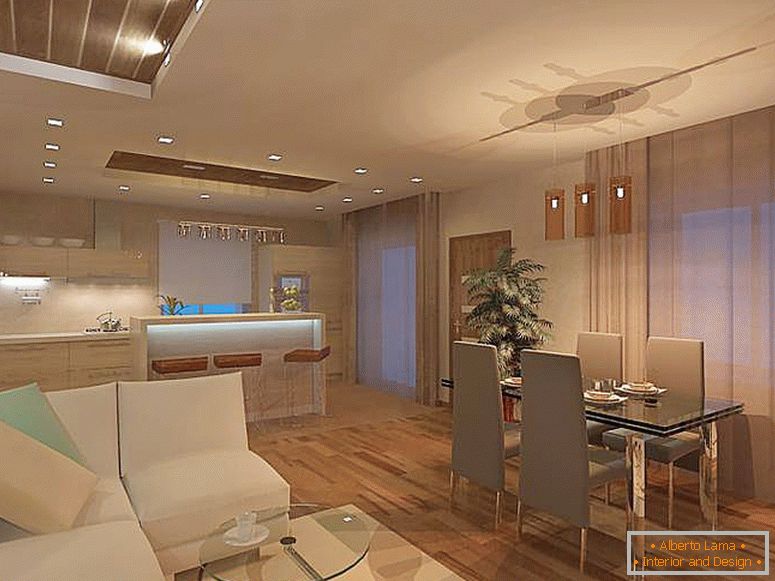 Minimální obývací pokoj je kombinován s kuchyní. V minimalistickém stylu není použití stropních lustrů typické, nejlepší volbou je bodové osvětlení LED.
