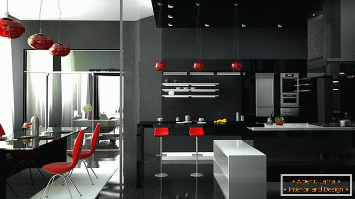 Elegantní studio s originálním špičkovým nábytkem. Červená barva vždy vypadá na černém a bílém pozadí interiéru.