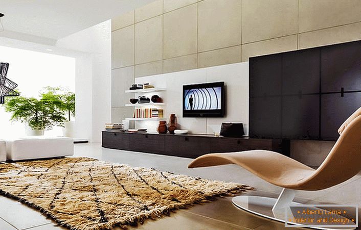 Přírodní volba pro obývací pokoj: modulární skříňové stěny a pohovky. Speciálním čipem interiéru je ergonomická stolička.