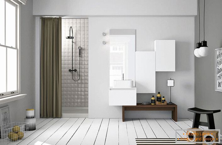 V interiéru koupelny ve skandinávském stylu je leštěná podlaha obzvláště atraktivní. 