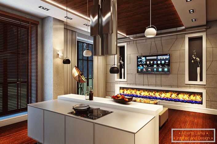 Takže to vypadá jako bio-krb v interiéru prostorné kuchyně v high-tech stylu.