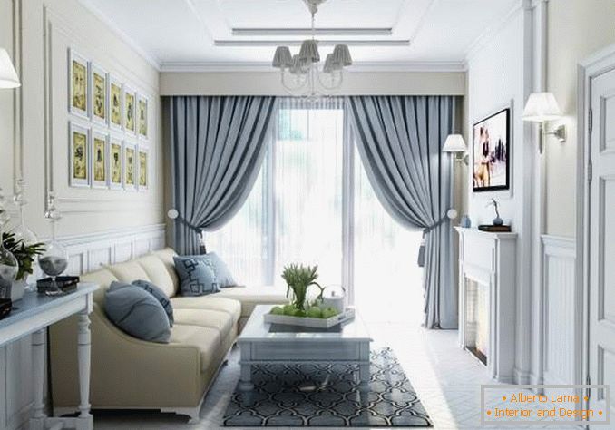 Návrh obývacího pokoje s panoramatickými okny a krásnými závěsy