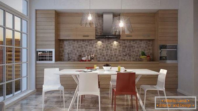 Moderní kuchyňský design s panoramatickým oknem - interiérová fotografie