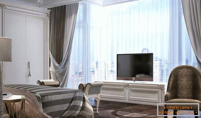 Návrh ložnice v apartmánu s panoramatickými okny - interiérová fotografie