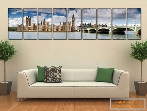 Krásný design obývacího pokoje s fotografií na plátně