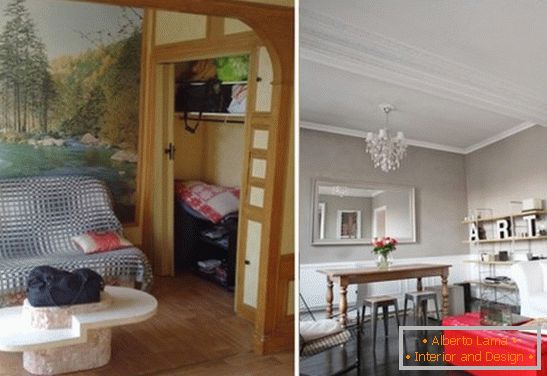 Renovovaný obývací pokoj malého bytu v Paříži