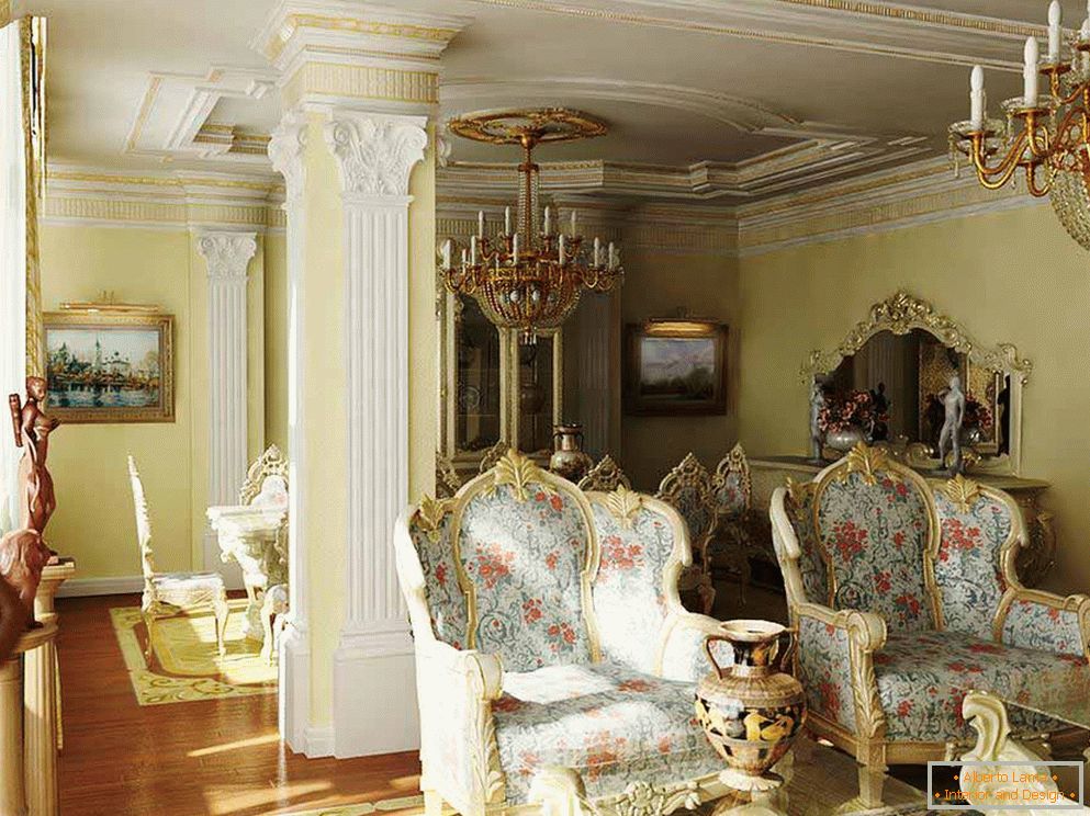 Barokní obývací pokoj s řádně vybraným osvětlením. Zajímavé jsou také sloupy s keramickým tvarováním.