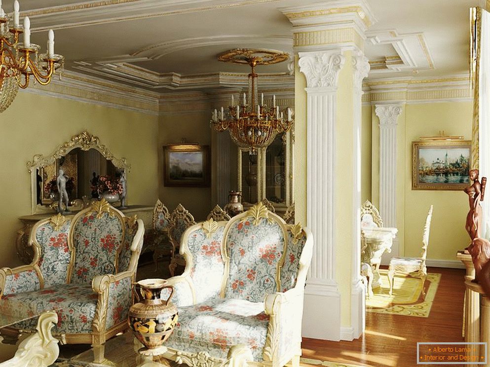 Vynikající, luxusní barokní styl pro pokoj pro hosty. Správný příklad osvětlení pro barokní styl.