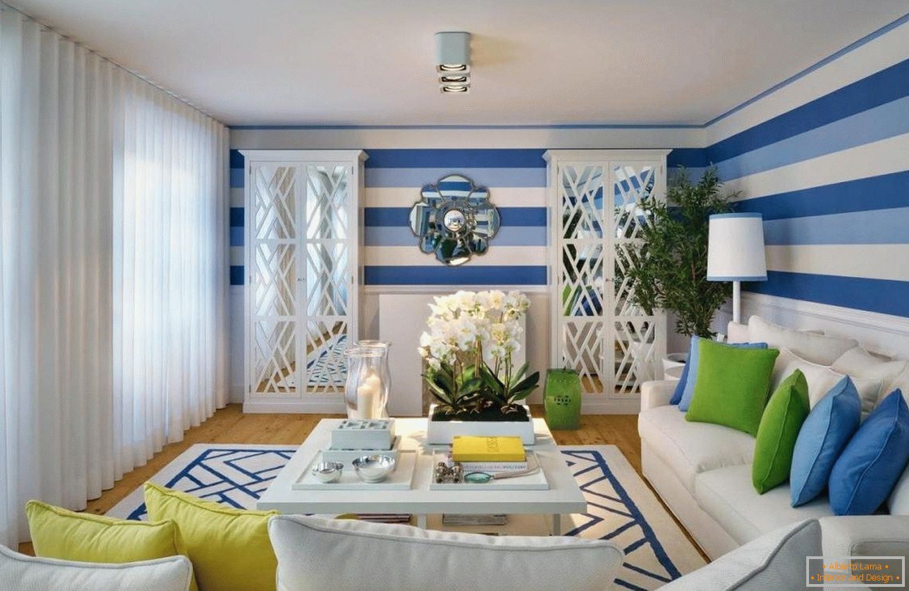 Modré stěny v obývacím pokoji