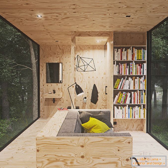 Interiér malého domu Tomek Michalski Kabina v lese