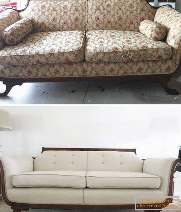 Obnova čalouněného nábytku - pohovka před a po