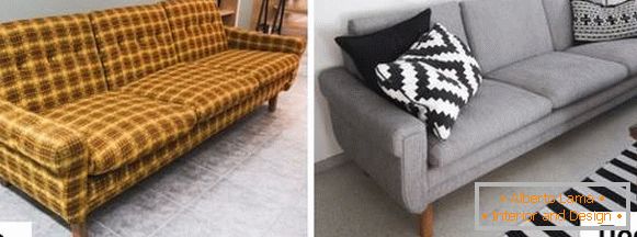 Vytahování čalouněného nábytku - fotografie staré pohovky před a po