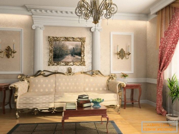 V souladu s požadavky francouzského stylu je pokoj pro hosty zdobený štukovou výzdobou.