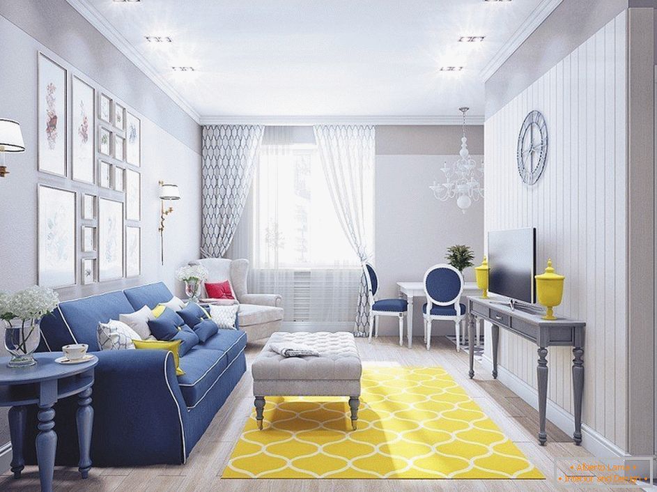 Šedá obývací pokoj se žlutým kobercem