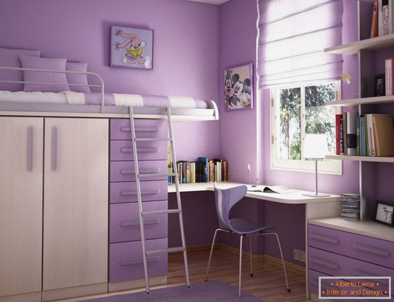 komfortní-ložnice-design-myšlenka-pro-dospívající-dívky-s-lila-wall-krém-lůžko-lůžko-s-lila-zásuvky-a-bílé-okenní rám-obdivuhodný-ložnice-design- dospívající dívky