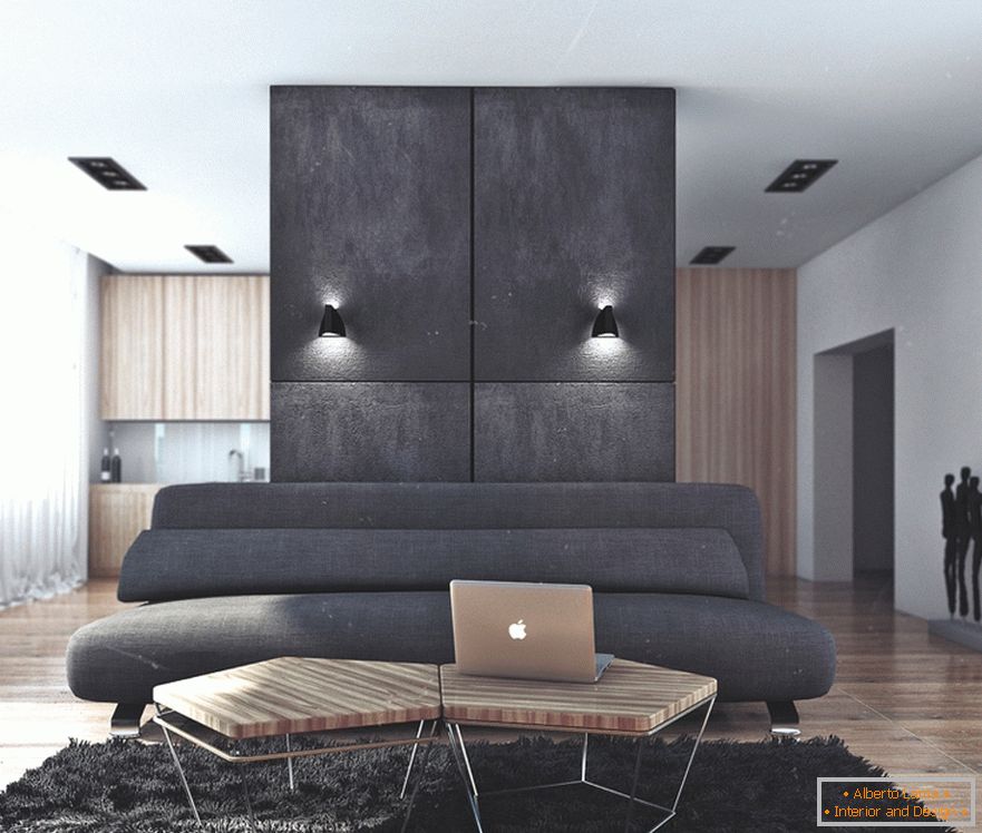 Kombinace černých a dřevěných v obývacím pokoji v bytě pro úspěšného bakaláře v Rusku