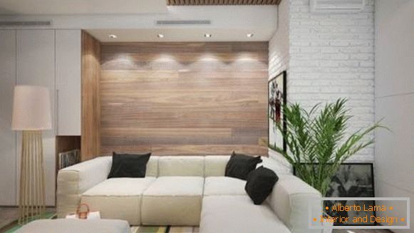 Nástěnná výzdoba s dřevěnými panely - foto obývacího pokoje v moderním stylu