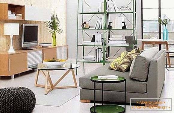 Zelené regály pro obývací pokoj