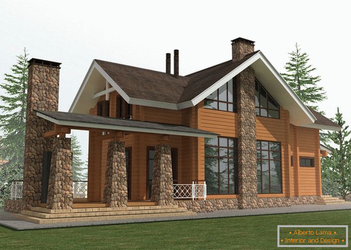 Projektový projekt venkovského domu ve stylu chaty je založen na použití při stavbě dřevěného rámu a přírodního kamene.