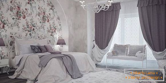 Moderní lila záclony v ložnici - fotografie uvnitř