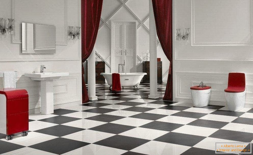 Interiér koupelny se šachovnicovou dlažbou