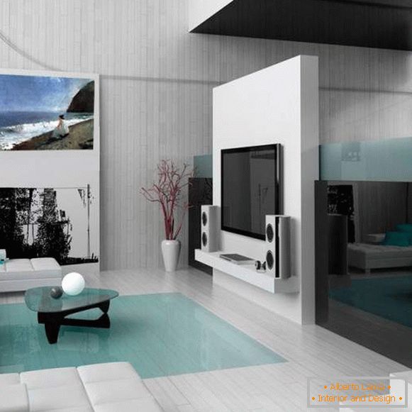 Malý obývací pokoj v apartmánu v high-tech stylu - interiér fotografie