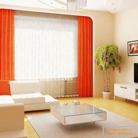 Návrh haly v bytě v bílé barvě s oranžovým dekorem