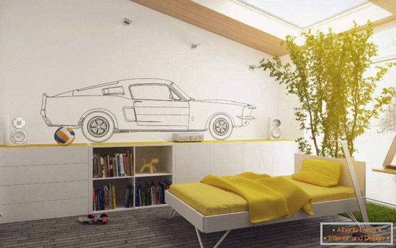 atraktivní-žluté-a-bílá-děti-ložnice-dekorace-s-velké-chladné-rostliny-dekorace-dvojitý-a-dřevěné-kabinetry-knihovna-na-hnědé-tvrdé dřevo-podlaha-plus- sklo-střešní okno-jako-dobře-jako-office-design-la