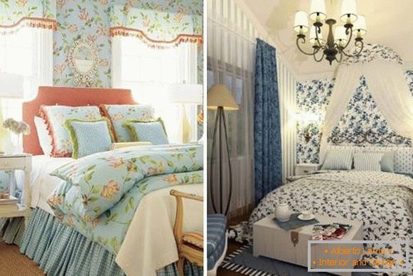 Záclony ve stylu Provence pro ložnici - fotografie v kombinaci s tapetami