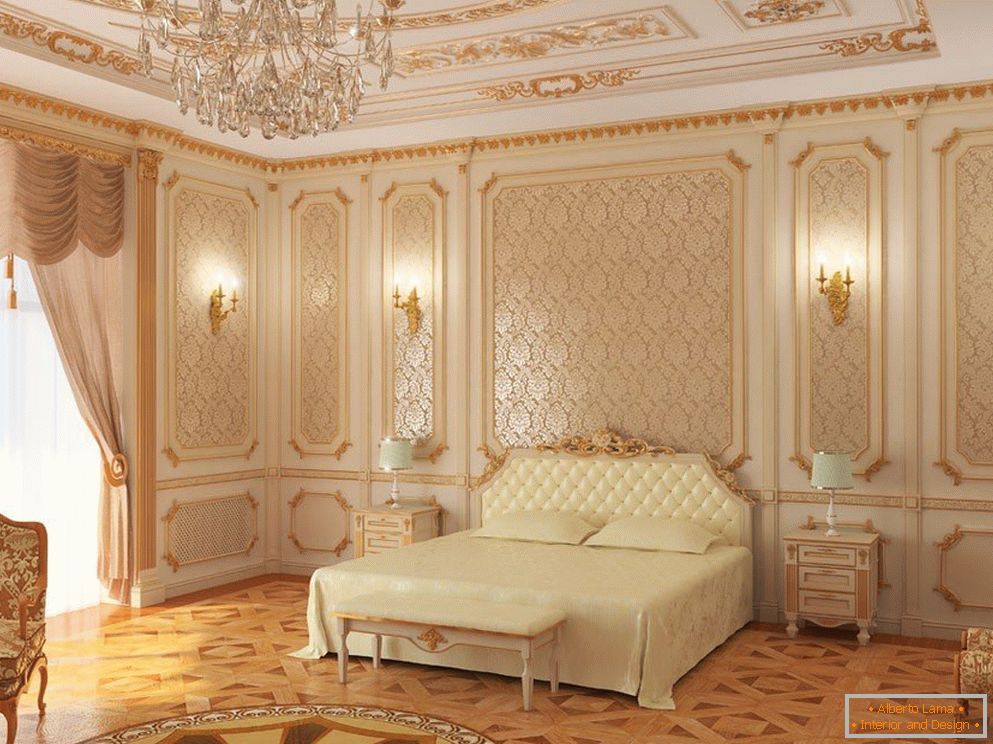 Bílé stropy a ložnice se zlatými vzory