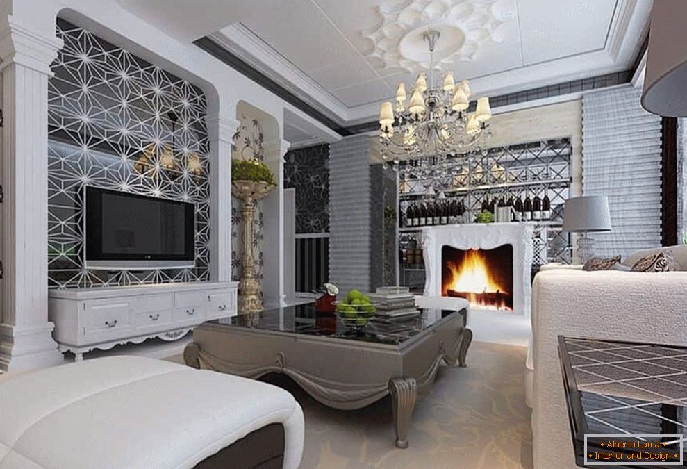 Obývací pokoj s krbem, velký lustr ve stylu moderní klasiky