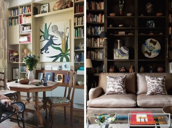 Regály s knihami a dekorem v obývacím pokoji