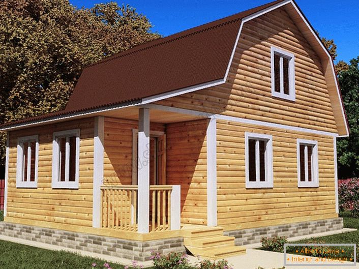 Jednoduchý dřevěný dům s podkrovím.