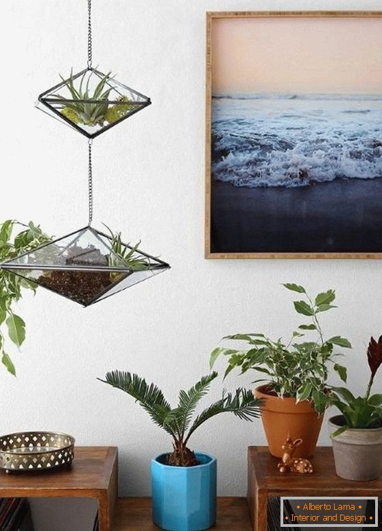 Přívěsná dekorace - skleněné hrnce s rostlinami