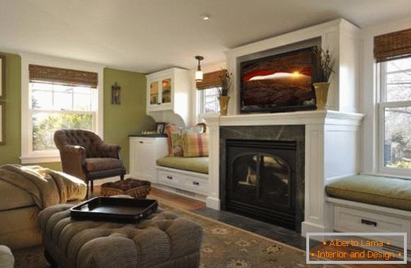 TV nad krbem v interiéru - foto zeleného obývacího pokoje