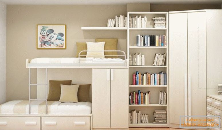 bílé-dřevěné-patrové postele-s-skladování-také-zásuvky-kombinované-s-knih-police-a-roh-šatník-na-roh-krém-stěna